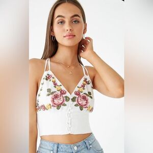 White embroidered button smocked waist halter crop top size medium NWT